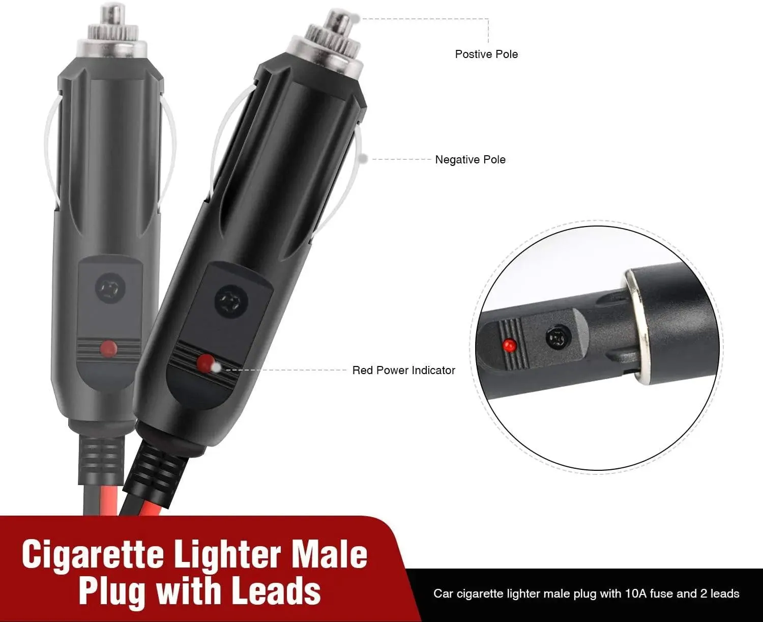 2PCS Cigarette Lighter Male Plug Extension Cable