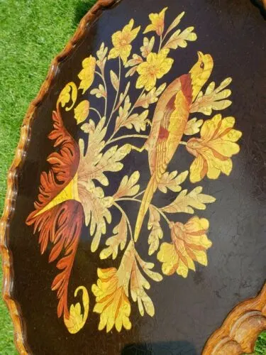Antique Hand Painted Floral Bird Motif Round Wood Folding 3 footed Table
