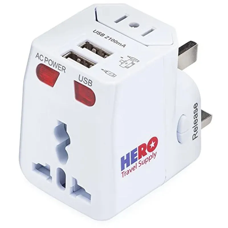 Hero Universal Travel Adapter (2 USB Ports) - Power Plug for US Europe France UK Ireland Thailand NZ Australia 100  Countries