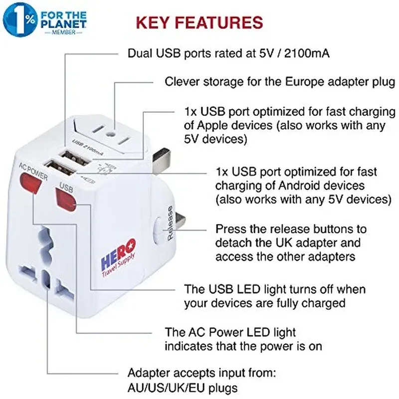 Hero Universal Travel Adapter (2 USB Ports) - Power Plug for US Europe France UK Ireland Thailand NZ Australia 100  Countries