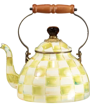 MacKenzie-Childs Beige Parchment Check Enamel Tea Kettle Large