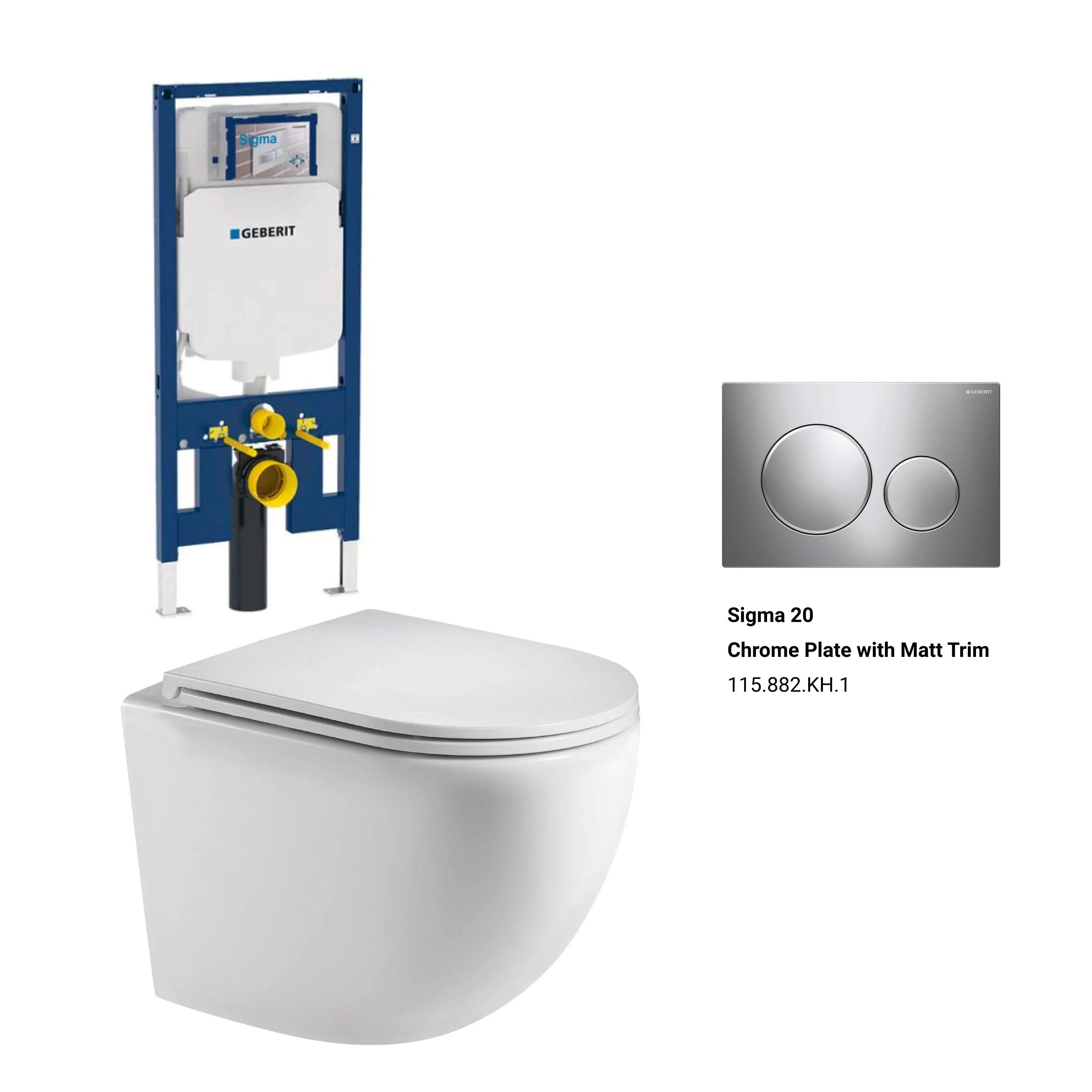 Max49 Rimless Tornado Wall Hung Toilet Package - Geberit Sigma 8 Duofix In Wall Cistern & Round Button