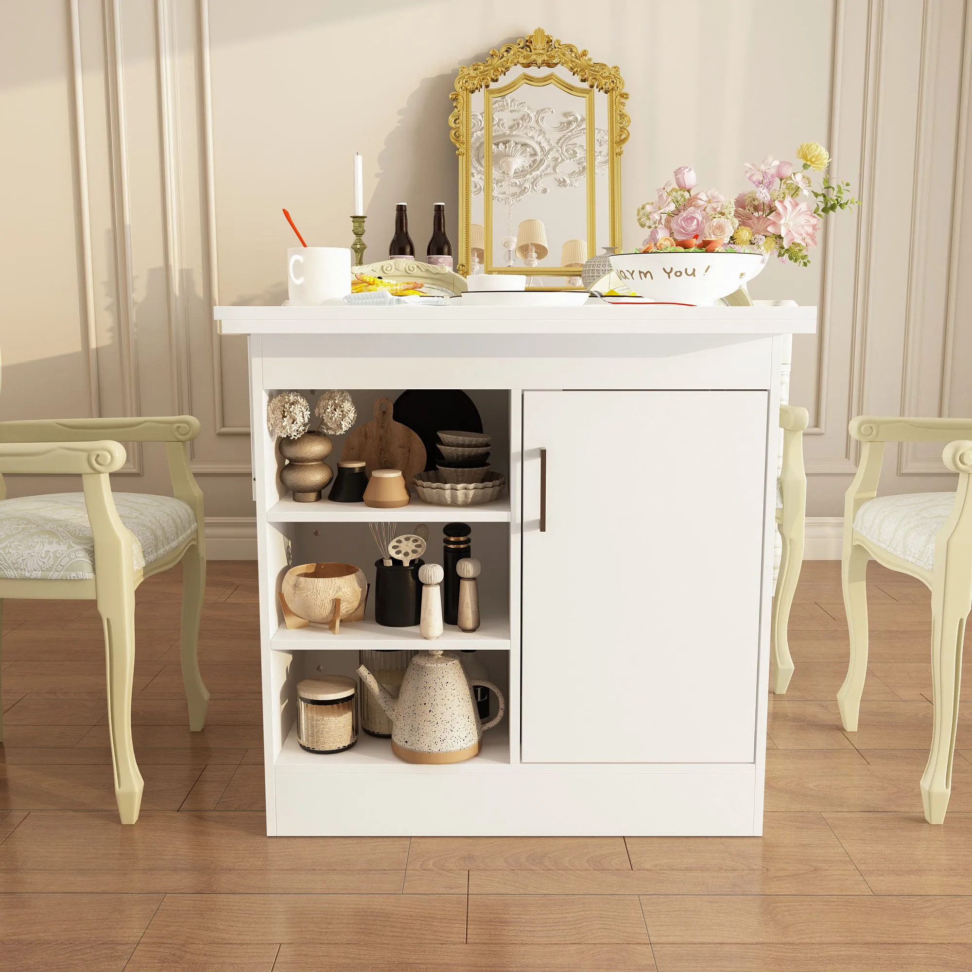 Multi-Use Cabinet and Extendable Dinner Table Dining Table - 63"
