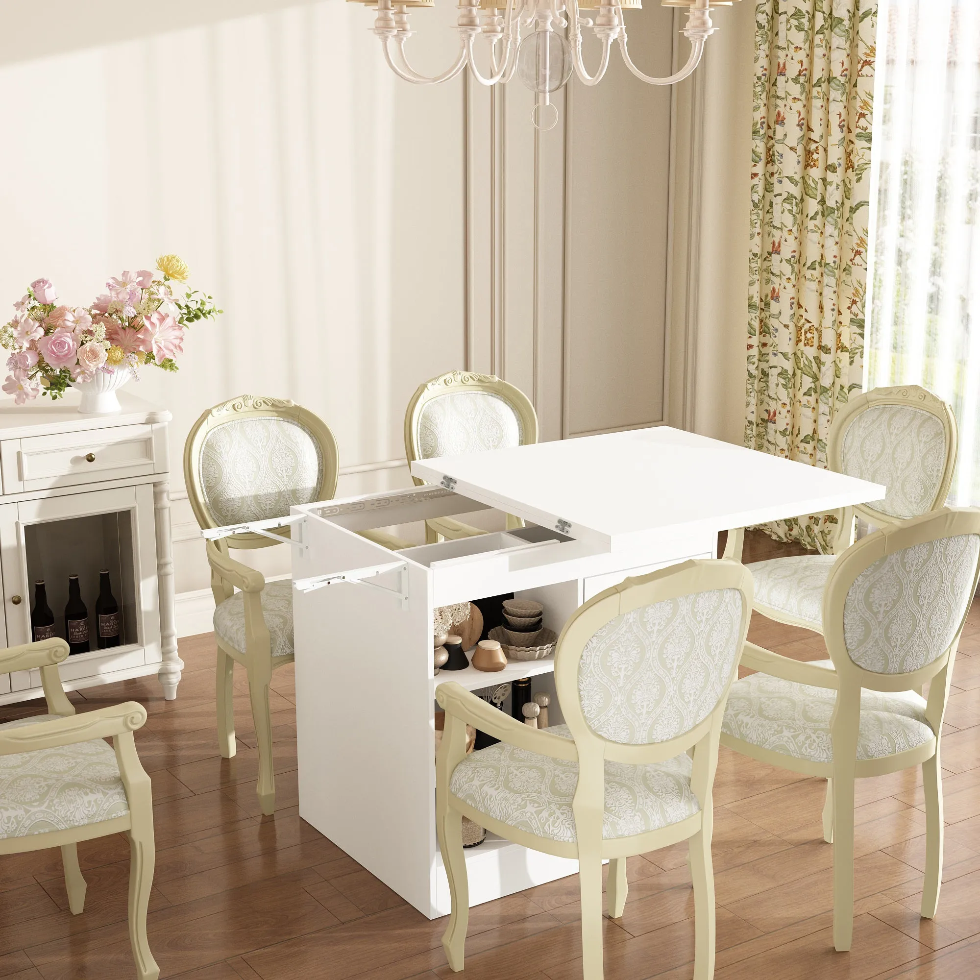 Multi-Use Cabinet and Extendable Dinner Table Dining Table - 63"