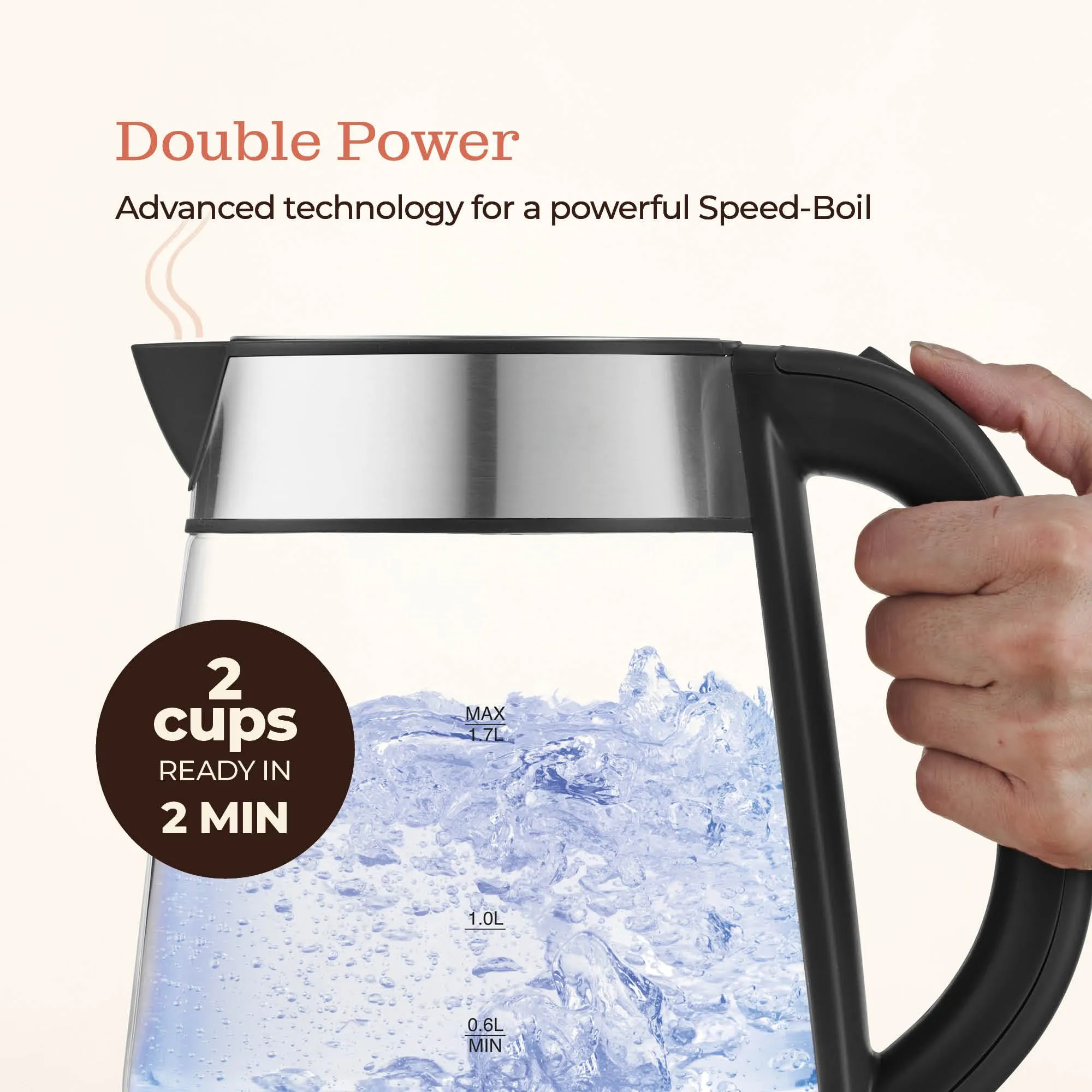 Speed-Boil Electric Kettle For Coffee & Tea - 1.7L Water Boiler 1500W, Borosilicate Glass, Easy Clean Wide Opening, Auto Shut-Off, Cool Touch Handle, LED Light. 360 Rotation, Boil Dry Protection