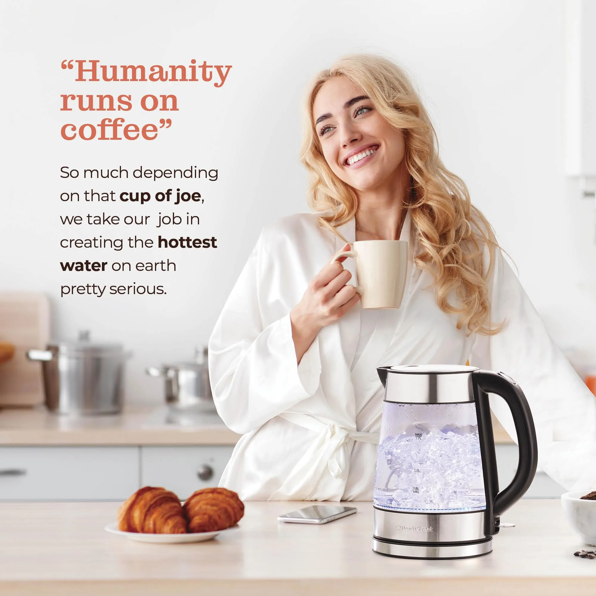 Speed-Boil Electric Kettle For Coffee & Tea - 1.7L Water Boiler 1500W, Borosilicate Glass, Easy Clean Wide Opening, Auto Shut-Off, Cool Touch Handle, LED Light. 360 Rotation, Boil Dry Protection