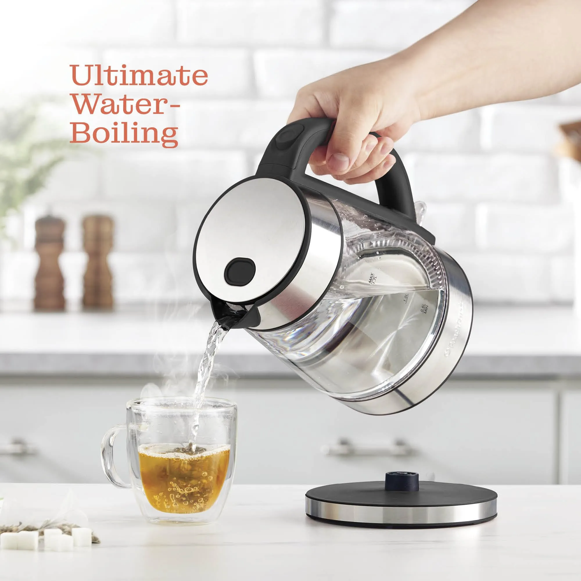 Speed-Boil Electric Kettle For Coffee & Tea - 1.7L Water Boiler 1500W, Borosilicate Glass, Easy Clean Wide Opening, Auto Shut-Off, Cool Touch Handle, LED Light. 360 Rotation, Boil Dry Protection