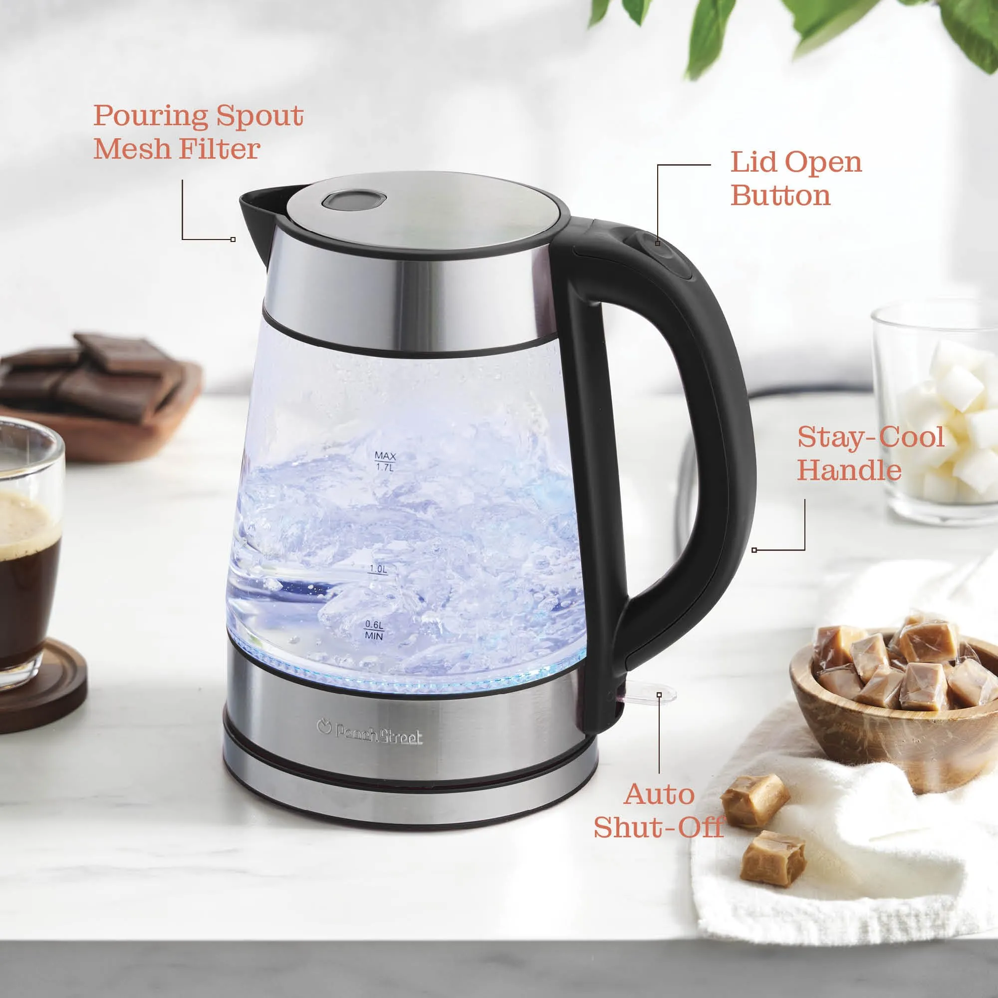 Speed-Boil Electric Kettle For Coffee & Tea - 1.7L Water Boiler 1500W, Borosilicate Glass, Easy Clean Wide Opening, Auto Shut-Off, Cool Touch Handle, LED Light. 360 Rotation, Boil Dry Protection