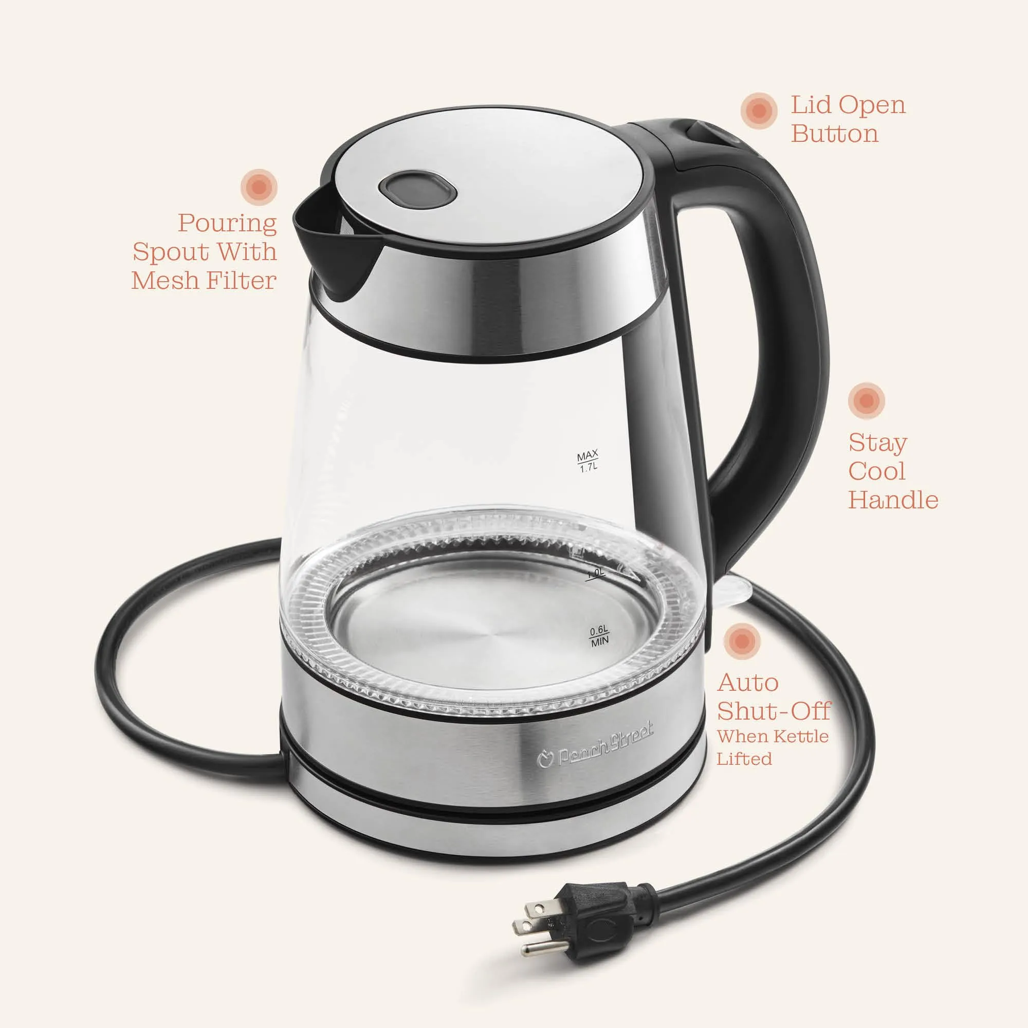 Speed-Boil Electric Kettle For Coffee & Tea - 1.7L Water Boiler 1500W, Borosilicate Glass, Easy Clean Wide Opening, Auto Shut-Off, Cool Touch Handle, LED Light. 360 Rotation, Boil Dry Protection