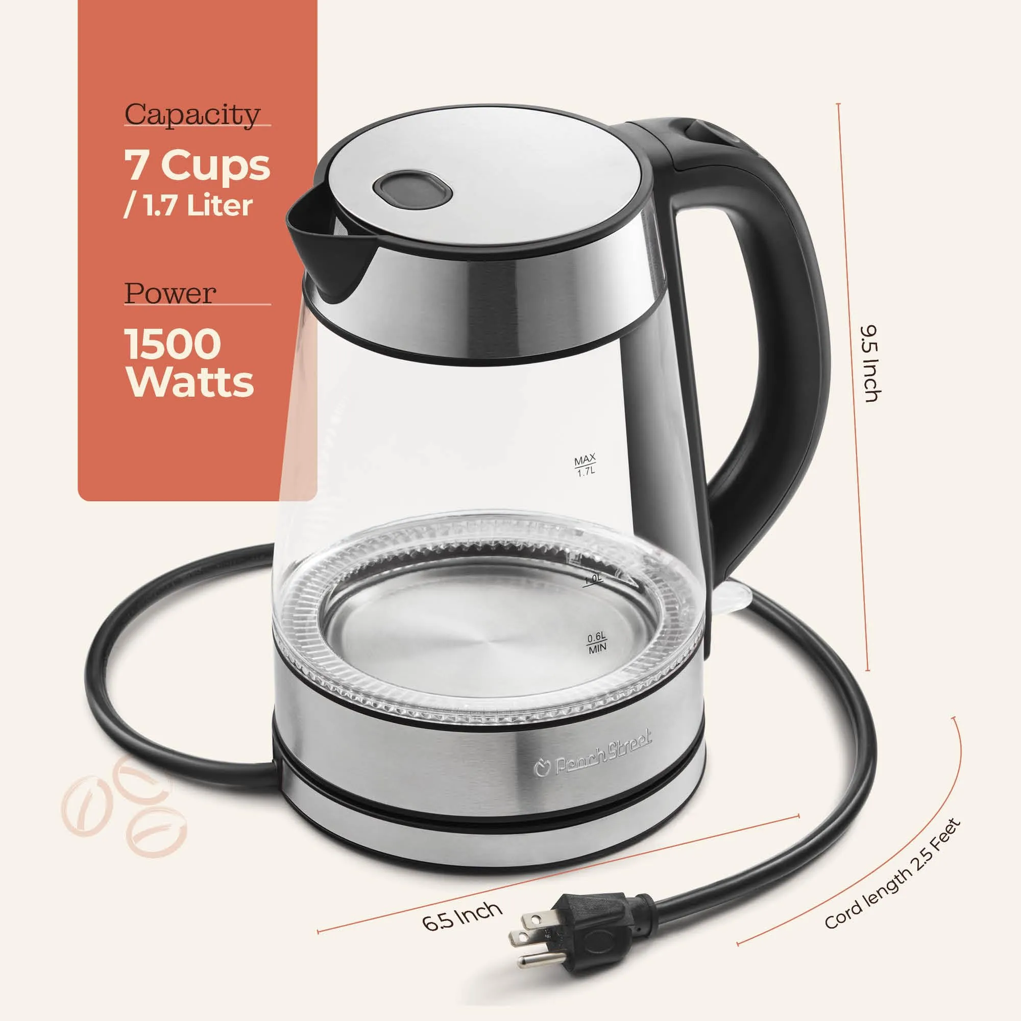 Speed-Boil Electric Kettle For Coffee & Tea - 1.7L Water Boiler 1500W, Borosilicate Glass, Easy Clean Wide Opening, Auto Shut-Off, Cool Touch Handle, LED Light. 360 Rotation, Boil Dry Protection
