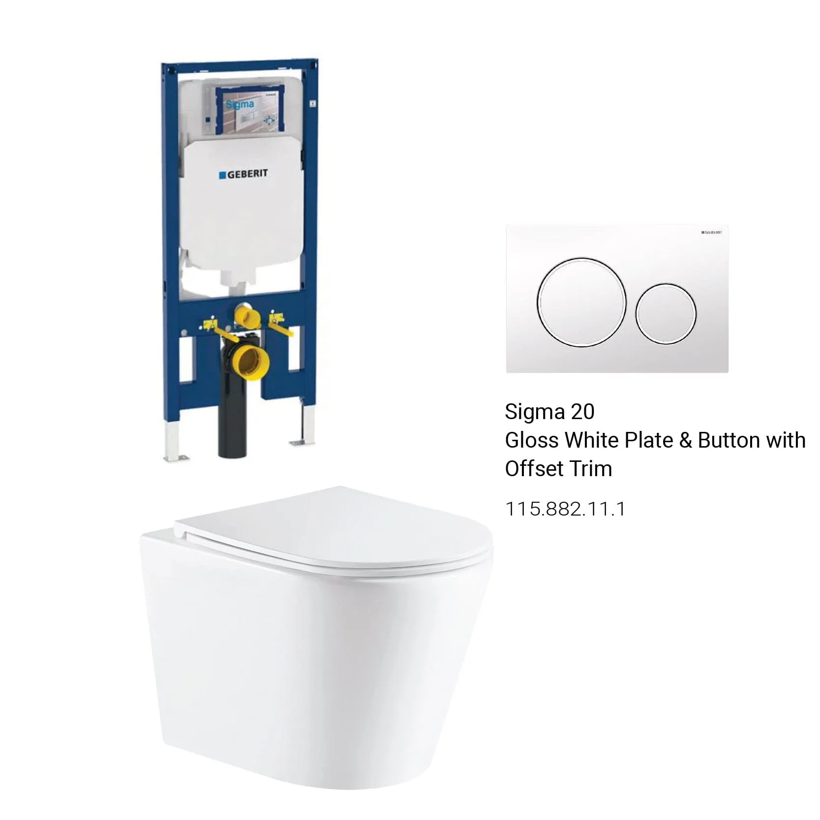 Yara51 Rimless Tornado Wall Hung Toilet Package - Geberit Sigma 8 Duofix In Wall Cistern & Round Button